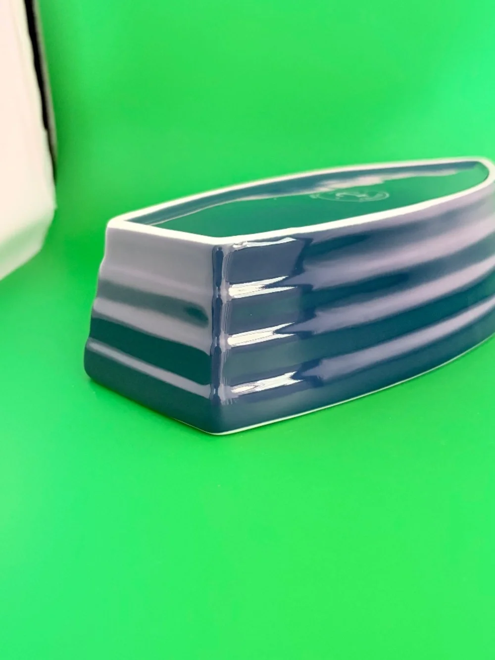 Share Sur La Table Boat-Shaped Serving Bowl Navy Blue White Interior Glazed Ston